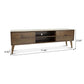 Mid-century modern wooden TV stand with drawers, shelves, and measurements shown