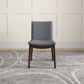 Modern gray upholstered dining chair with wood legs on patterned rug, FredCo International furniture