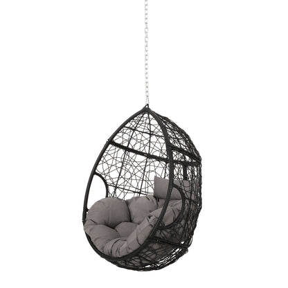 Teardrop Hanging Chair with 8ft Chain in Grey Cushion and Black Frame, PE Rattan and Iron