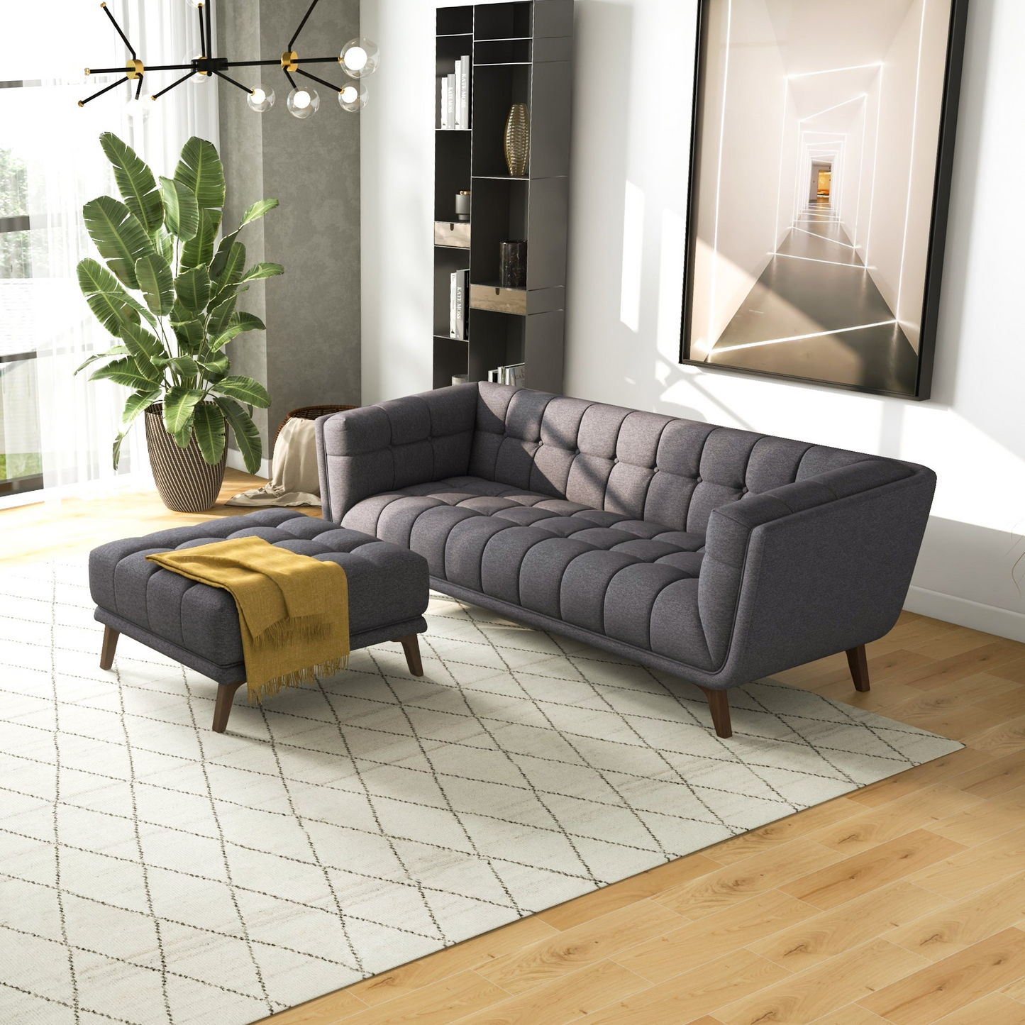 Modern gray sofa and ottoman with yellow throw in bright living room, FredCo International furniture