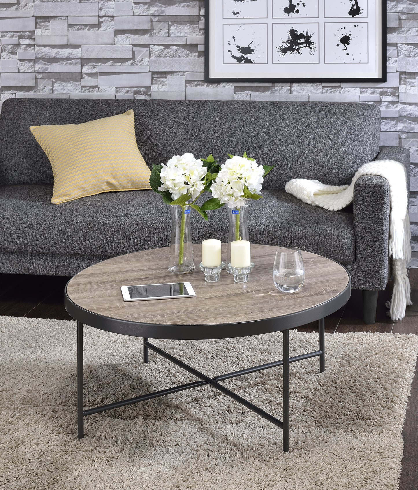 Bage Weathered Gray Oak & Metal Finish Coffee Table FredCo