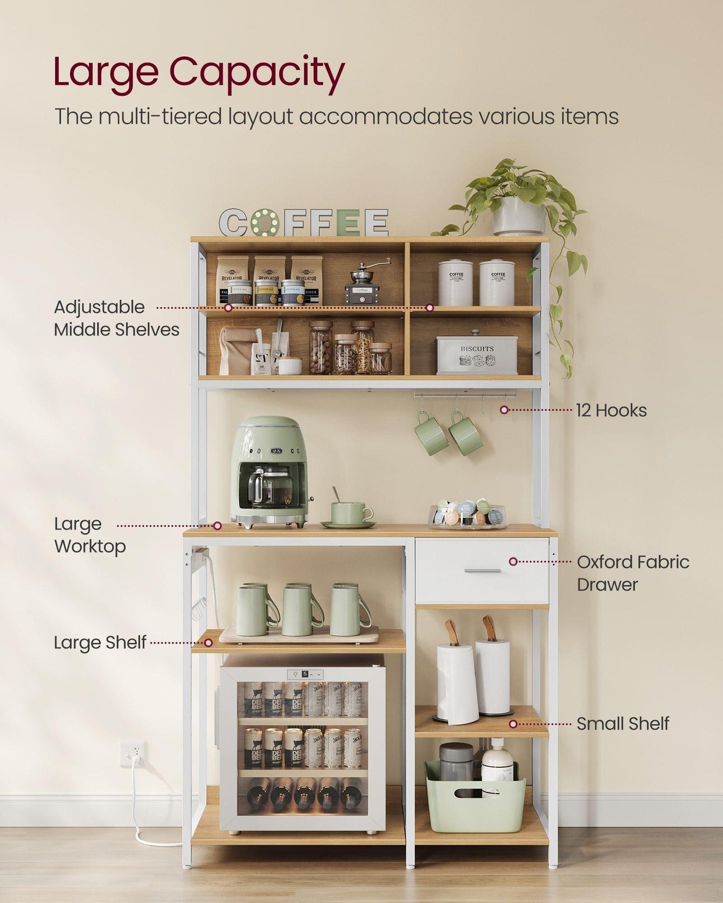 Baker's Rack with Charging Station, Shelves and 12 Hooks FredCo