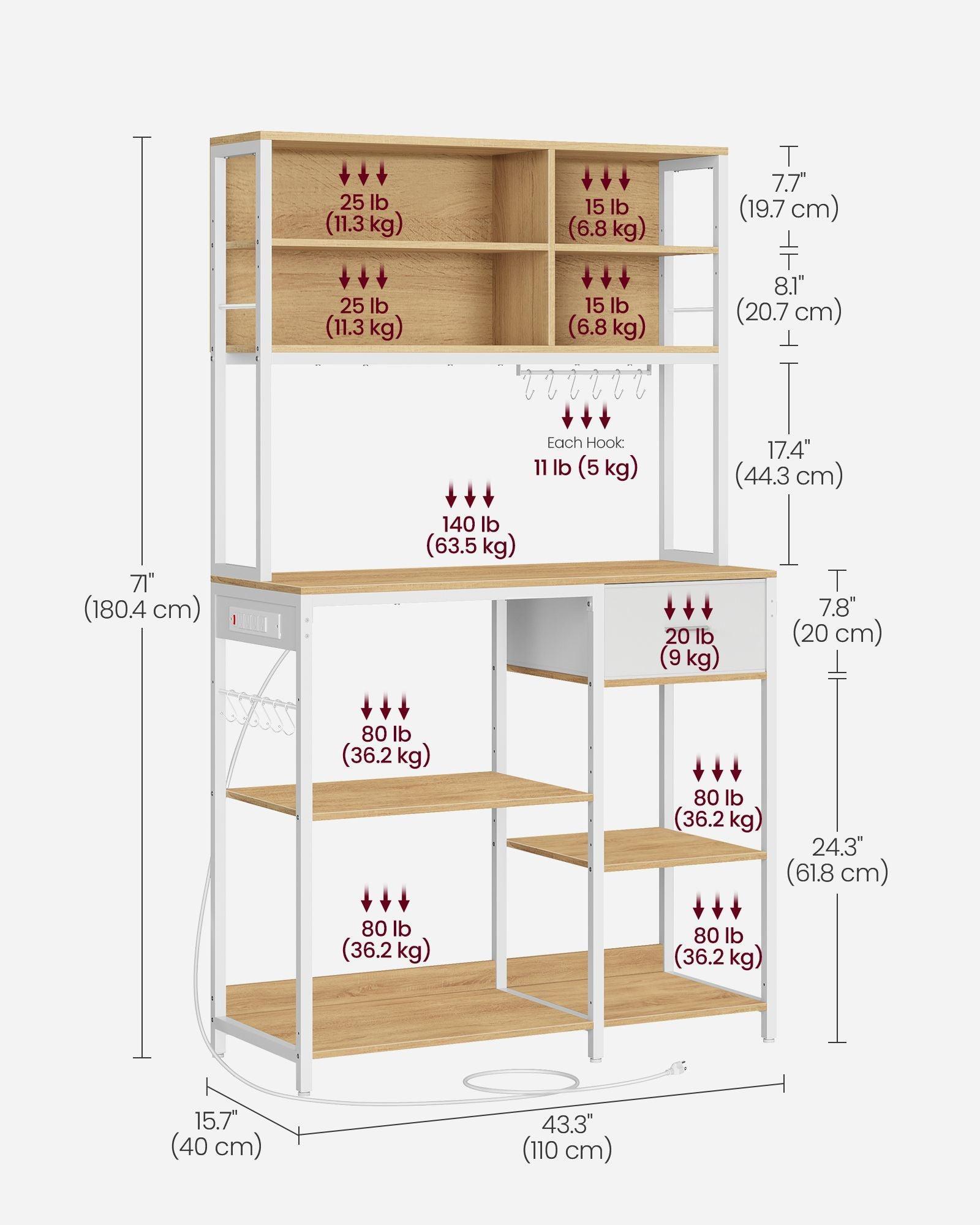 Baker's Rack with Charging Station, Shelves and 12 Hooks FredCo
