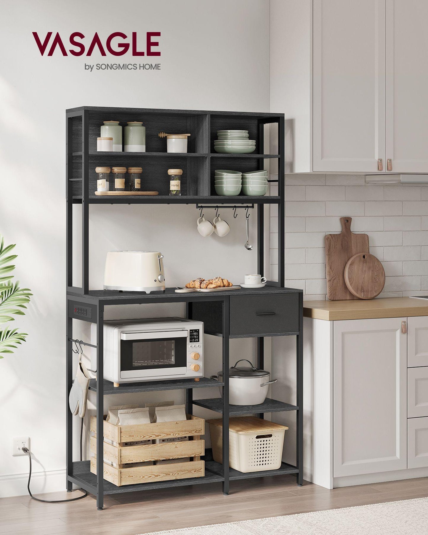 Bakers Rack with 12 Hooks Gold Oak and Cloud White FredCo