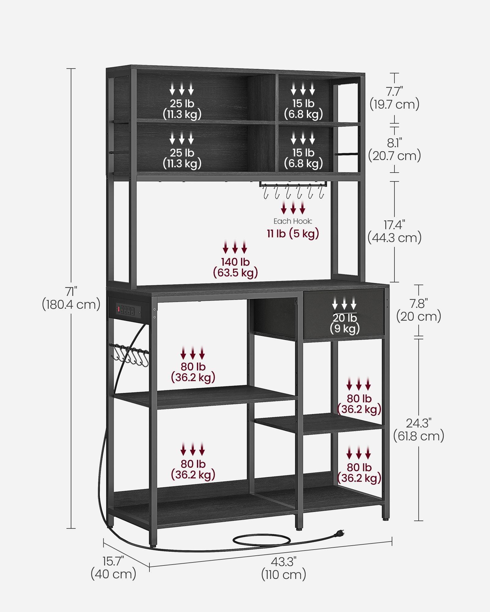 Bakers Rack with 12 Hooks Gold Oak and Cloud White FredCo