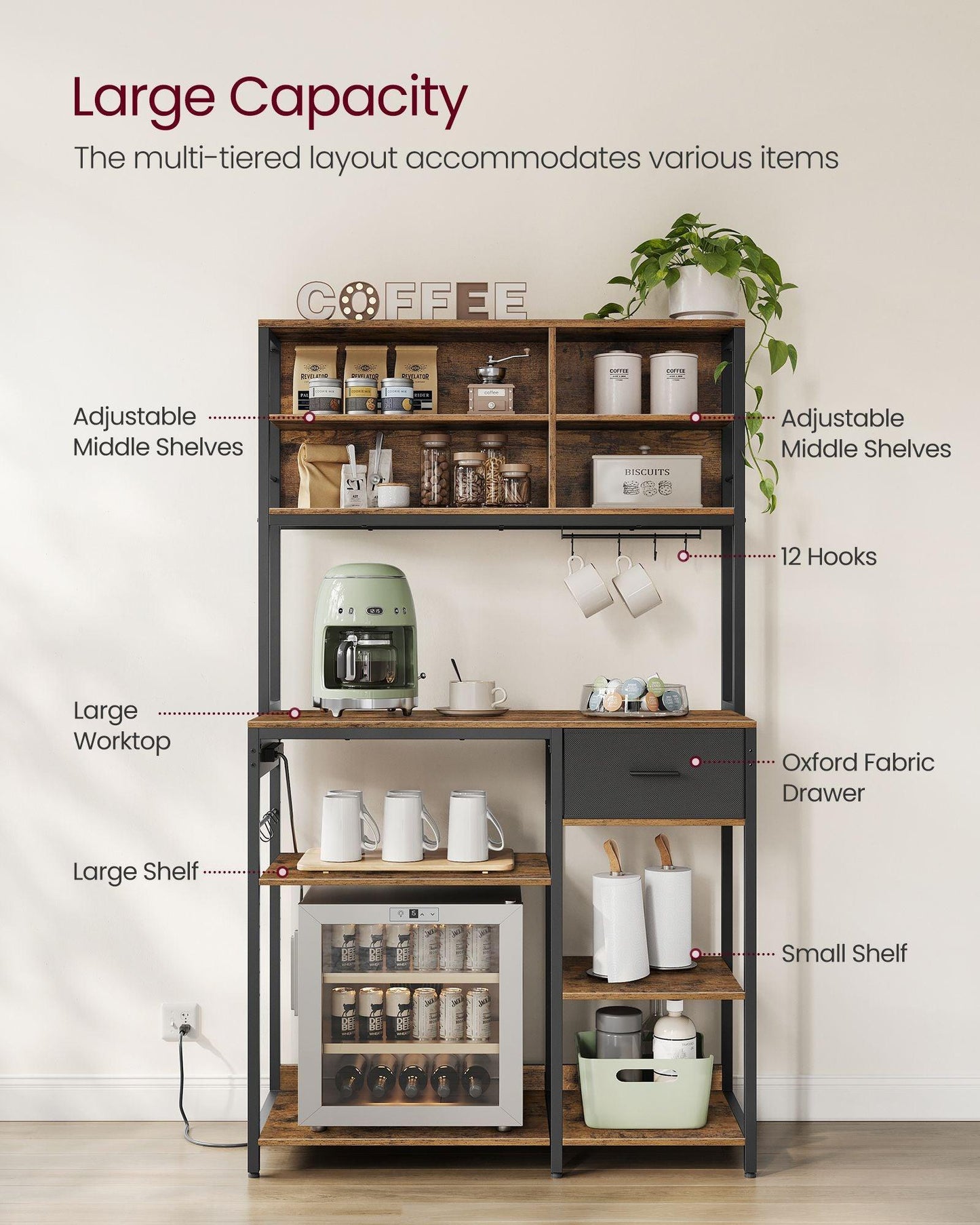 Bakers Rack with 12 Hooks Rustic Brown and Ink Black FredCo