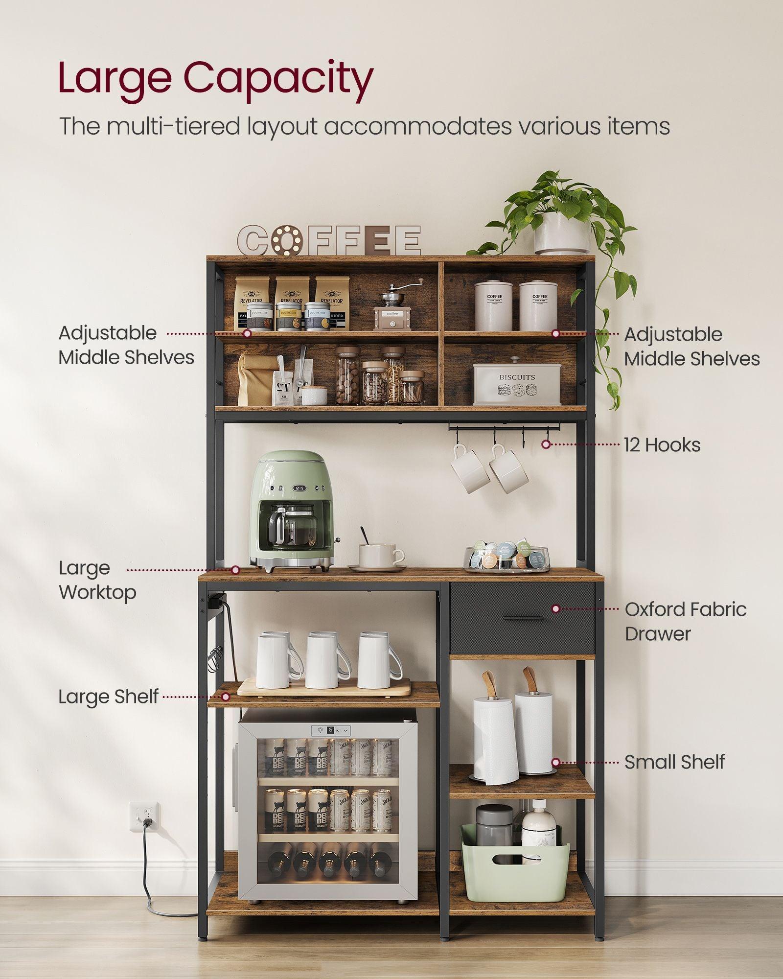 Bakers Rack with 12 Hooks Rustic Brown and Ink Black FredCo