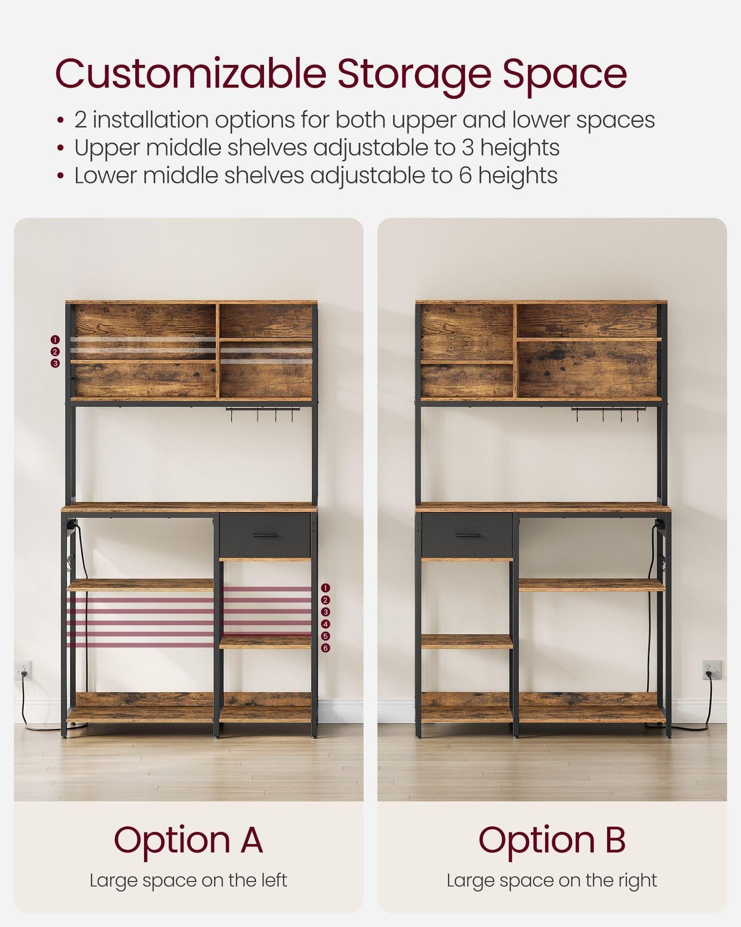 Bakers Rack with 12 Hooks Rustic Brown and Ink Black FredCo