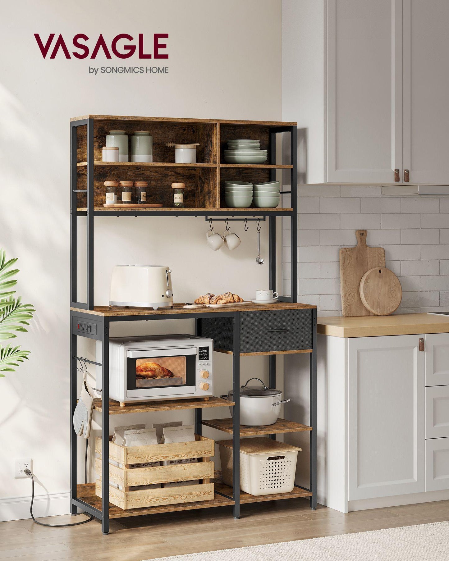 Bakers Rack with 12 Hooks Rustic Brown and Ink Black FredCo