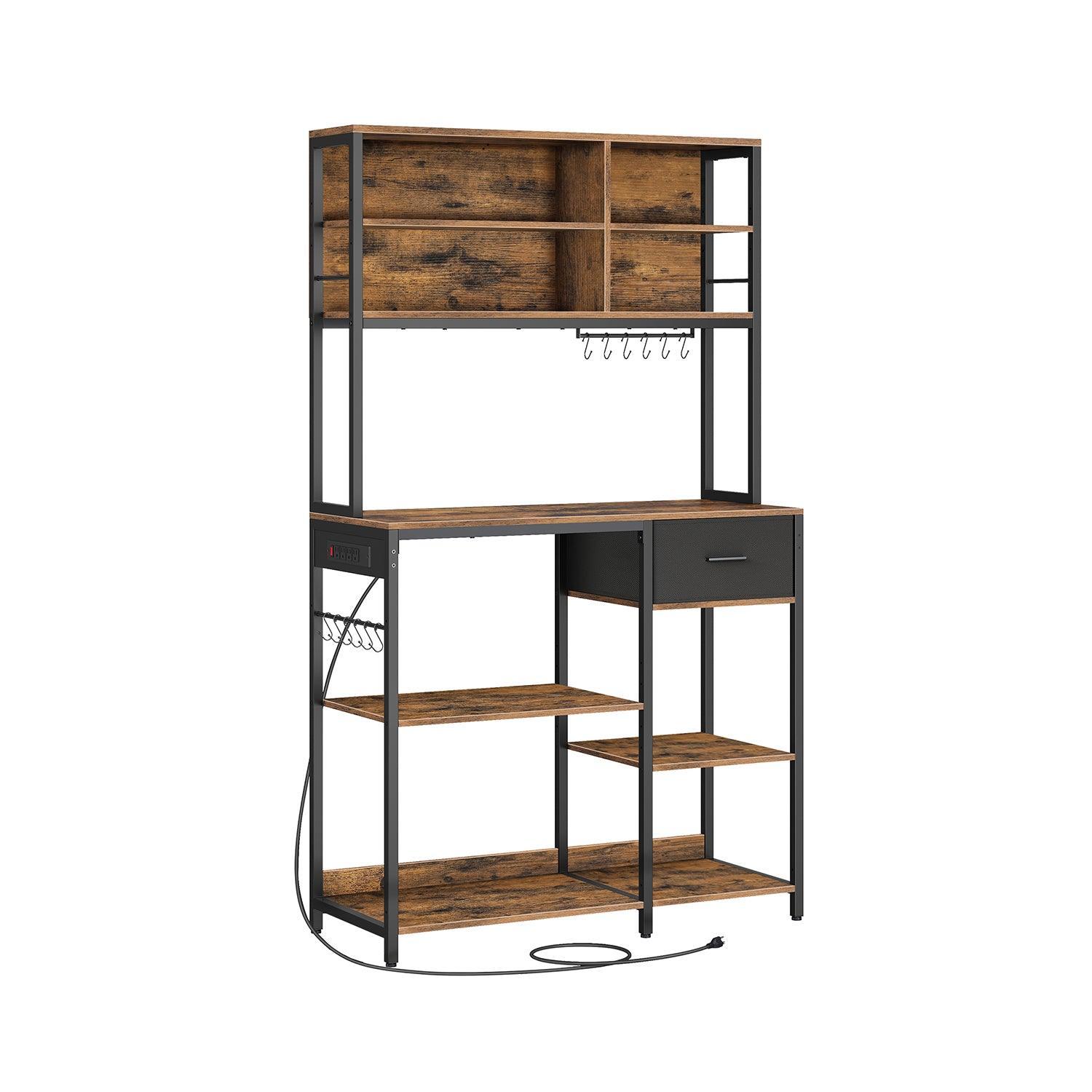 Bakers Rack with 12 Hooks Rustic Brown and Ink Black FredCo