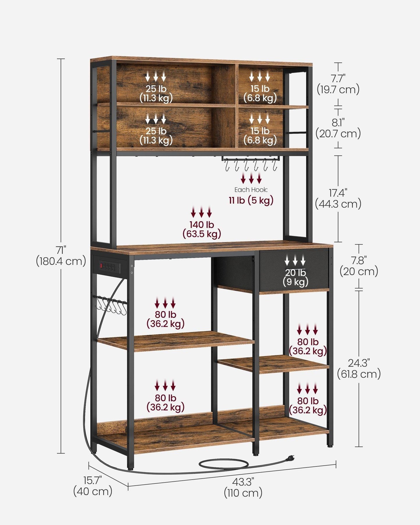 Bakers Rack with 12 Hooks Rustic Brown and Ink Black FredCo