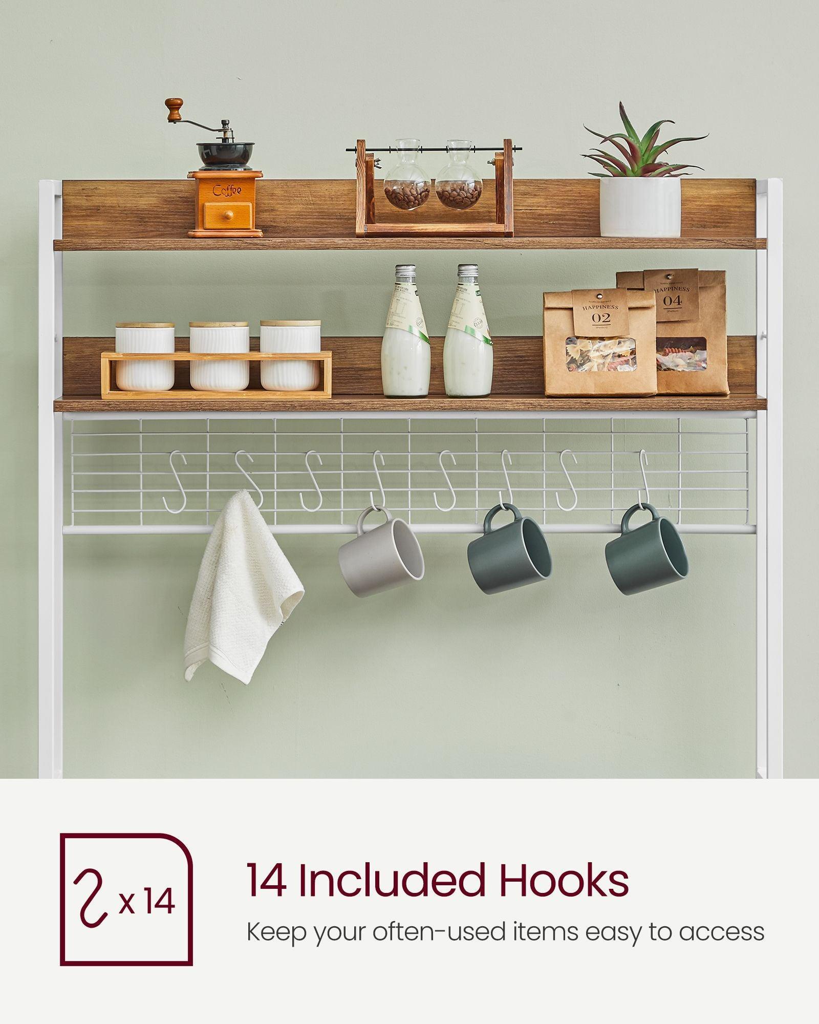 Bakers Rack with 14 Hooks Rustic Walnut and White FredCo