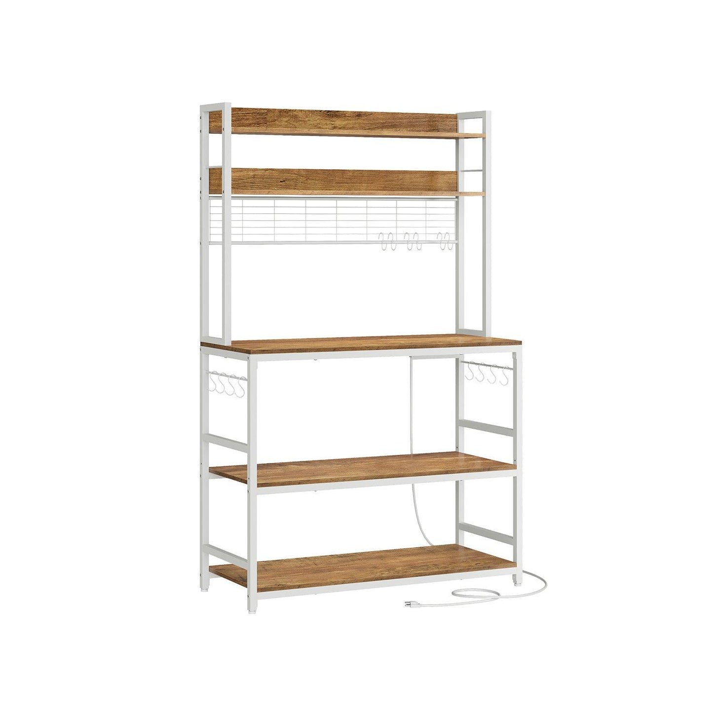 Bakers Rack with 14 Hooks Rustic Walnut and White FredCo