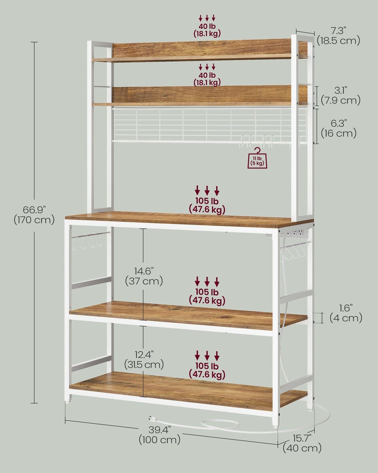 Bakers Rack with 14 Hooks Rustic Walnut and White FredCo