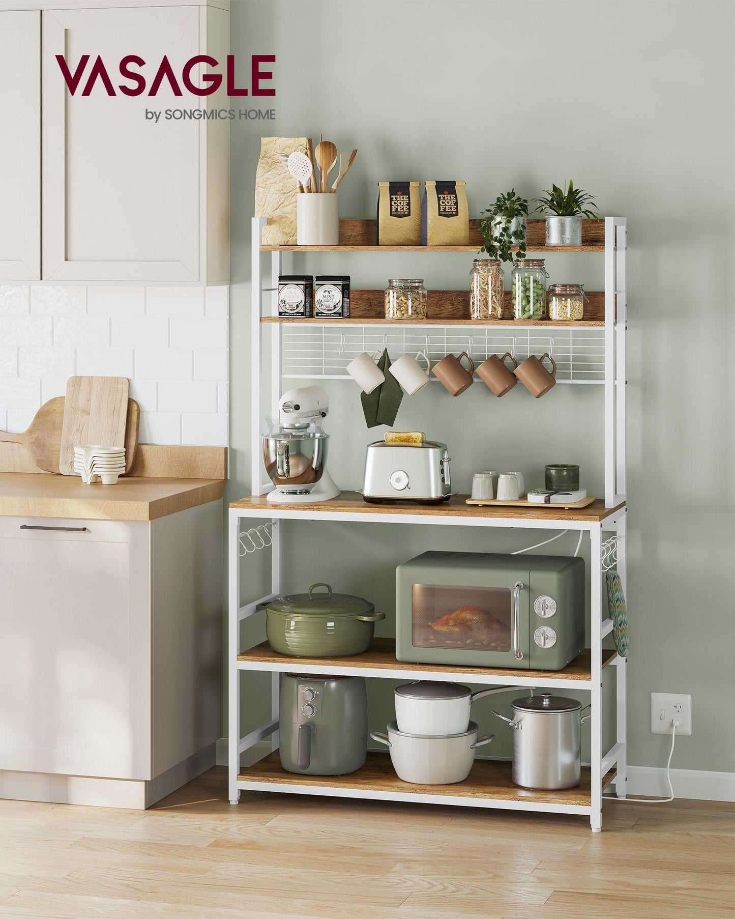 Bakers Rack with 14 Hooks Rustic Walnut and White FredCo