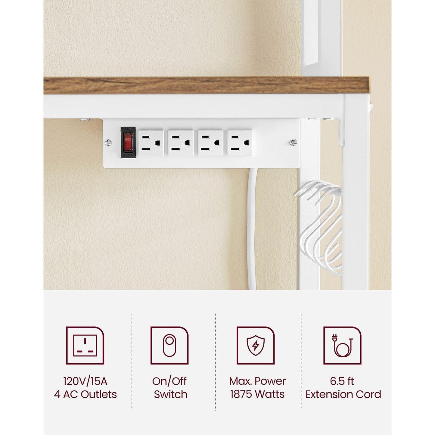 Bakers Rack with Power Outlet Rustic Walnut and White FredCo