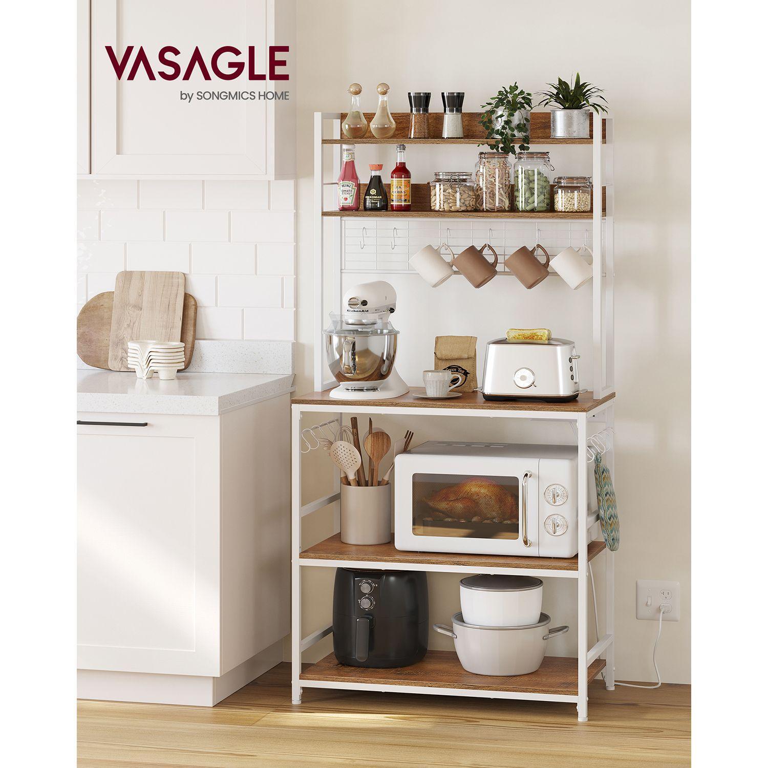 Bakers Rack with Power Outlet Rustic Walnut and White FredCo