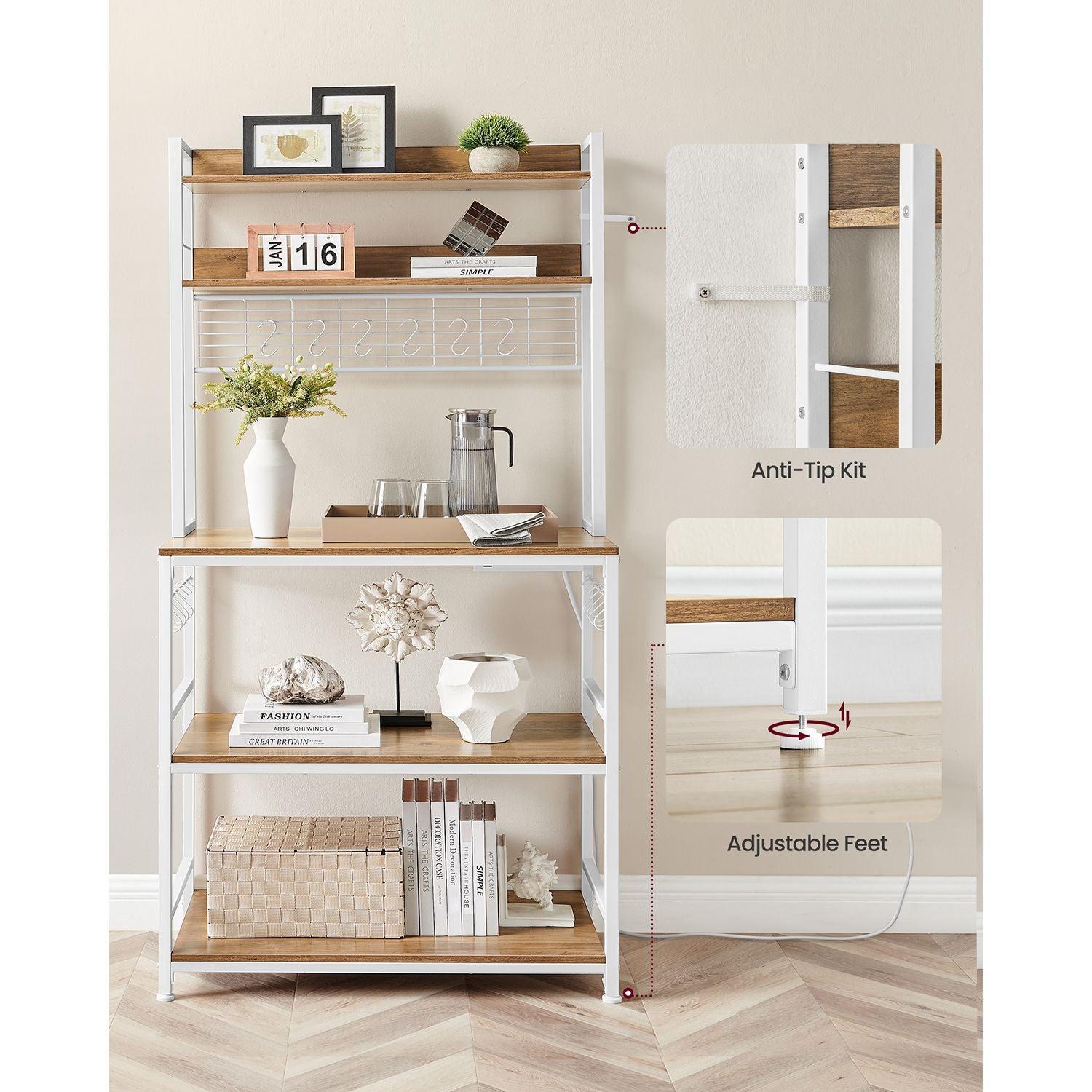Bakers Rack with Power Outlet Rustic Walnut and White FredCo
