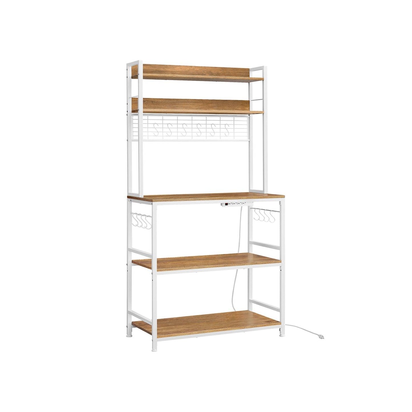 Bakers Rack with Power Outlet Rustic Walnut and White FredCo