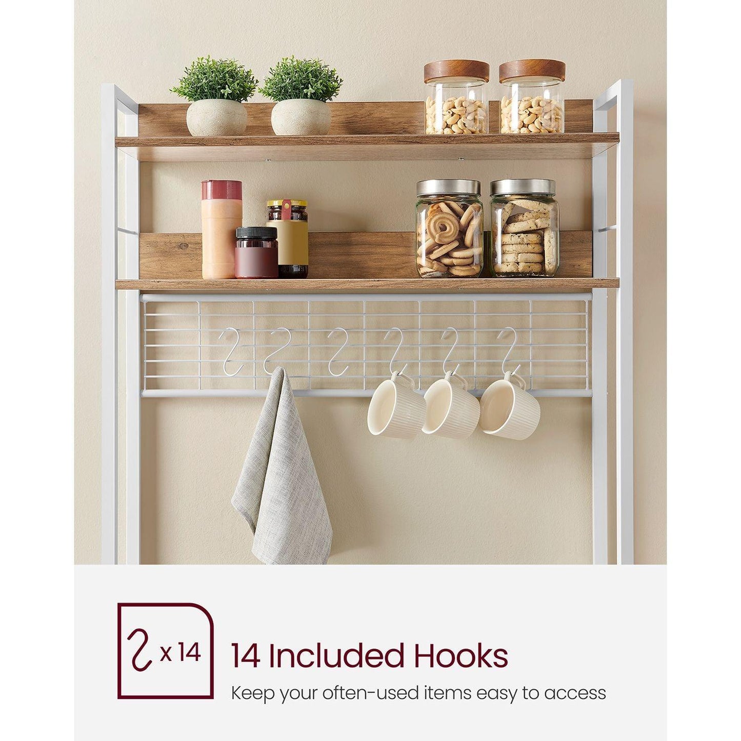 Bakers Rack with Power Outlet Rustic Walnut and White FredCo