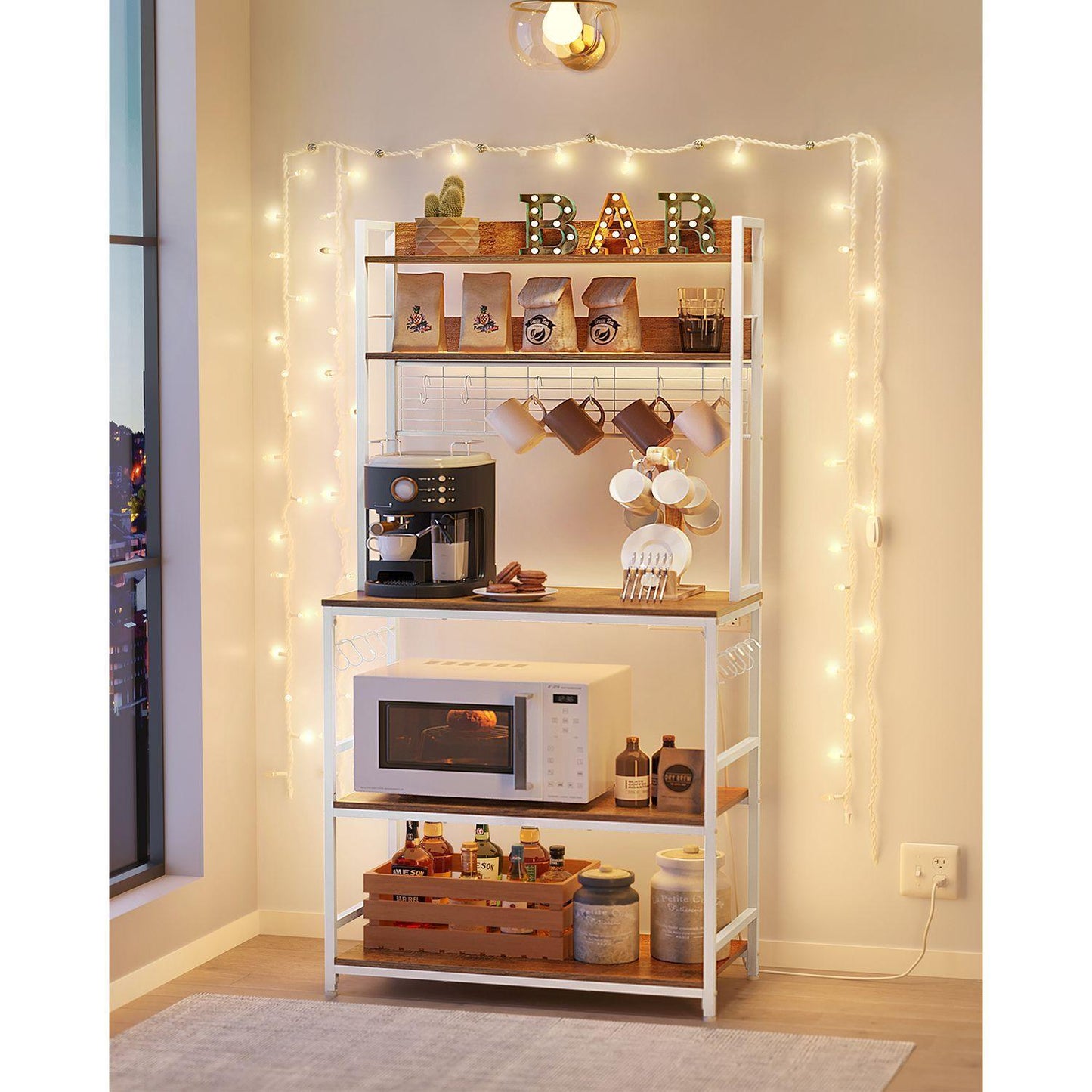 Bakers Rack with Power Outlet Rustic Walnut and White FredCo