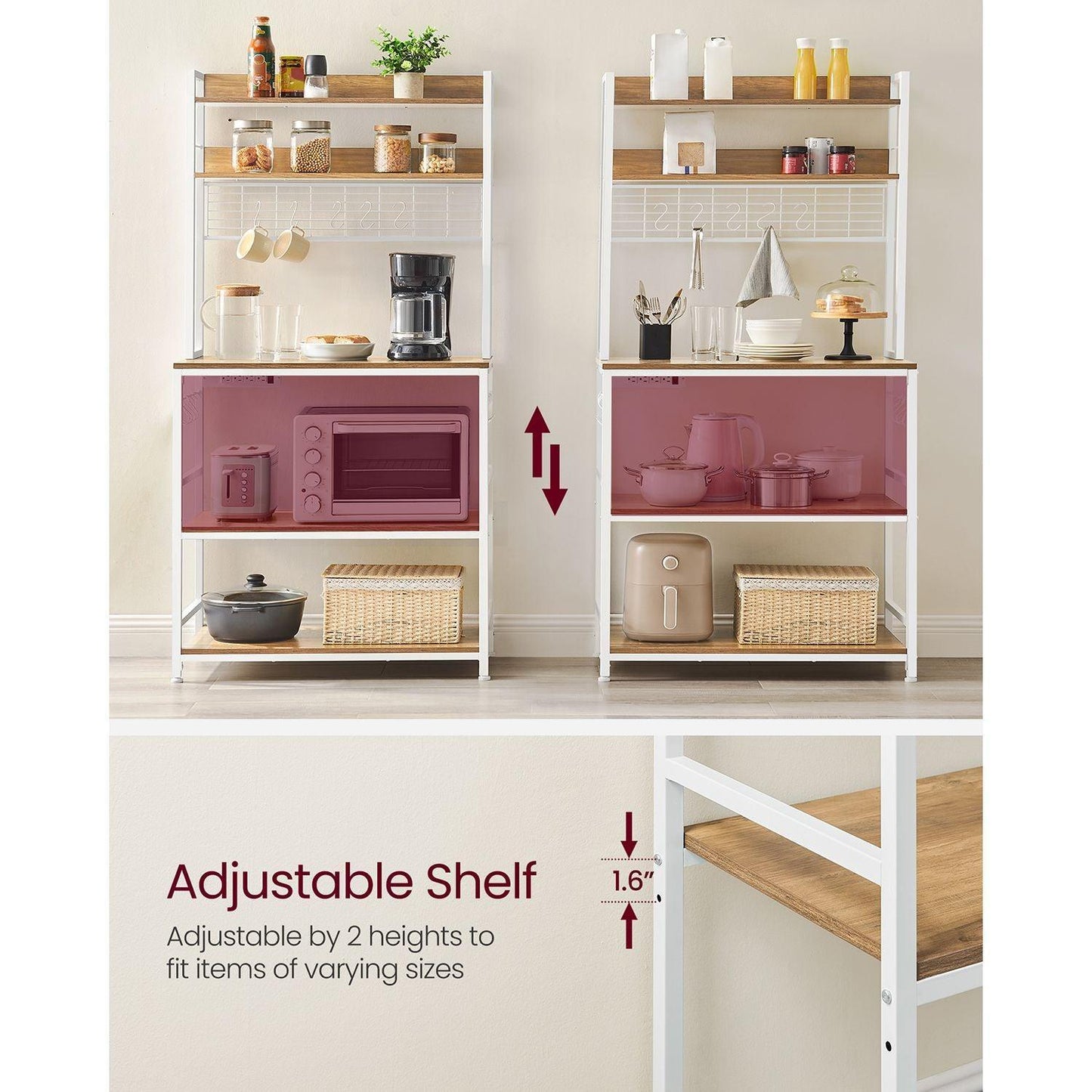 Bakers Rack with Power Outlet Rustic Walnut and White FredCo