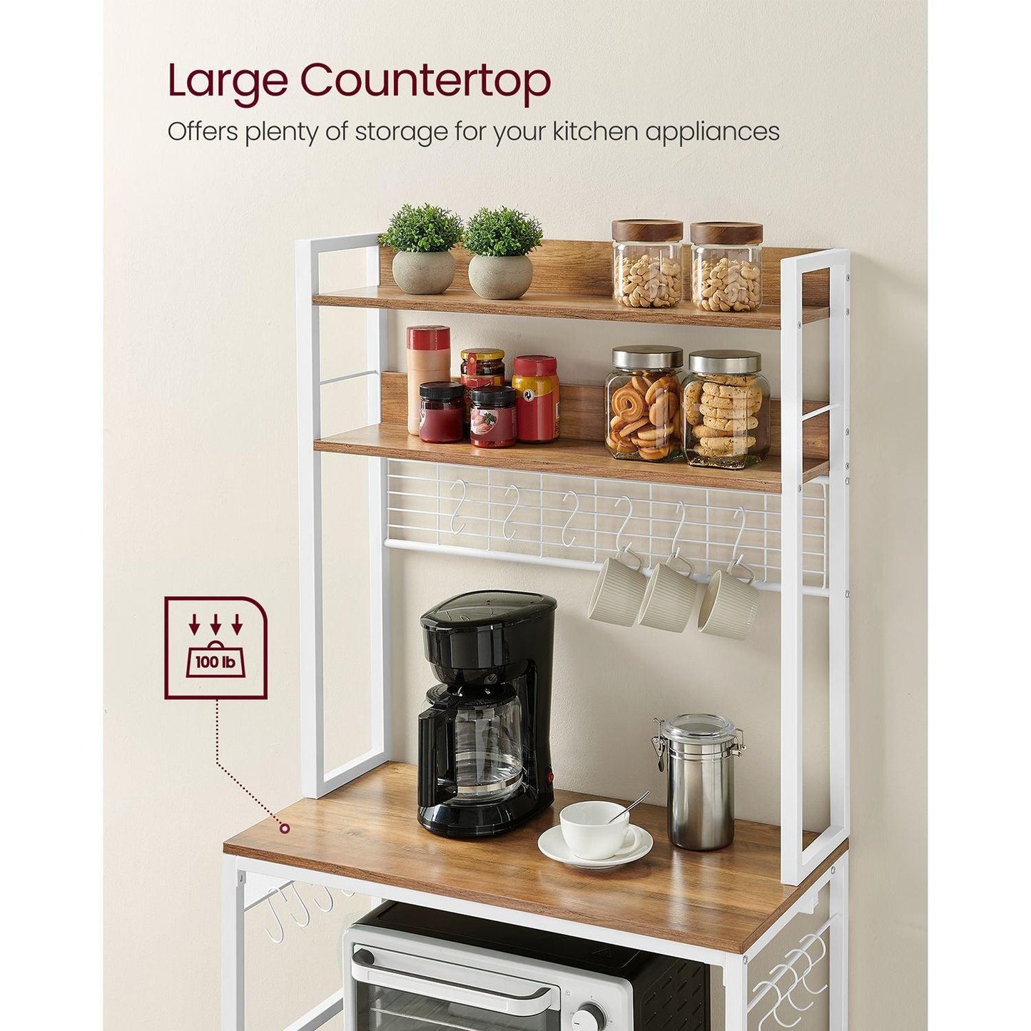 Bakers Rack with Power Outlet Rustic Walnut and White FredCo