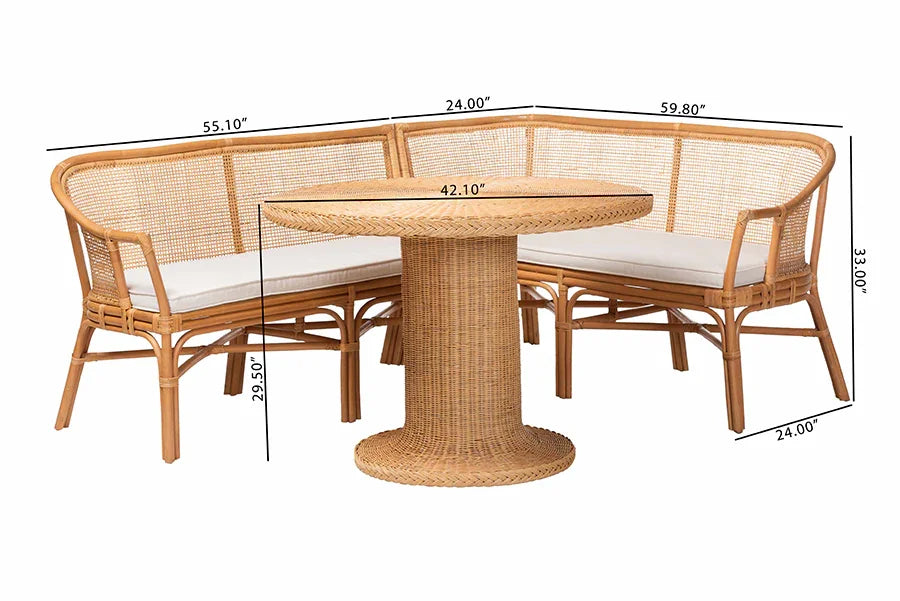 bali & pari Aara 3-Piece Natural Rattan Dining Nook Set - L-Shaped Corner Bench with Cushions and Round Pedestal Wicker Table, Handwoven Boho Coastal Breakfast Banquette for Kitchen or Sunroom FredCo