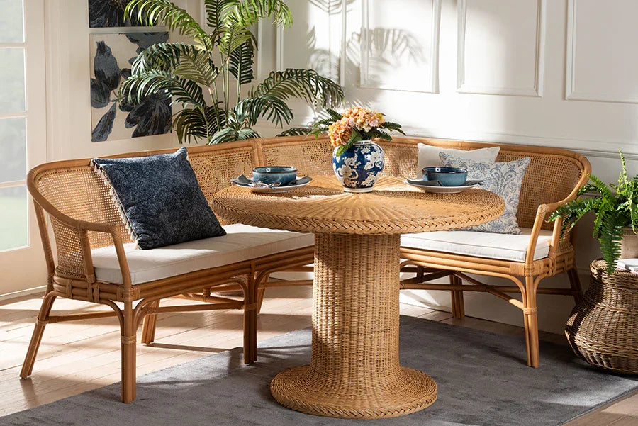 bali & pari Aara 3-Piece Natural Rattan Dining Nook Set - L-Shaped Corner Bench with Cushions and Round Pedestal Wicker Table, Handwoven Boho Coastal Breakfast Banquette for Kitchen or Sunroom FredCo
