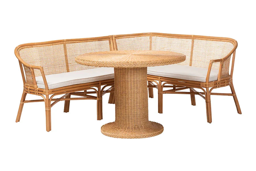 bali & pari Aara 3-Piece Natural Rattan Dining Nook Set - L-Shaped Corner Bench with Cushions and Round Pedestal Wicker Table, Handwoven Boho Coastal Breakfast Banquette for Kitchen or Sunroom FredCo