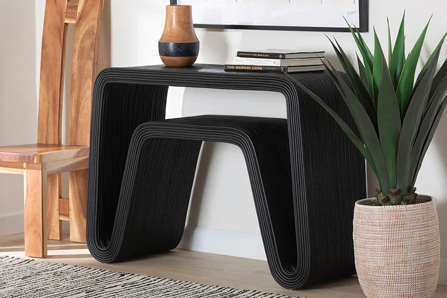 bali & pari Abebi Black Rattan Console Table - Modern Accent Table with Waterfall Silhouette and Open Hairpin Legs, Boho Coastal Style for Entryway, Hallway, or Living Room FredCo
