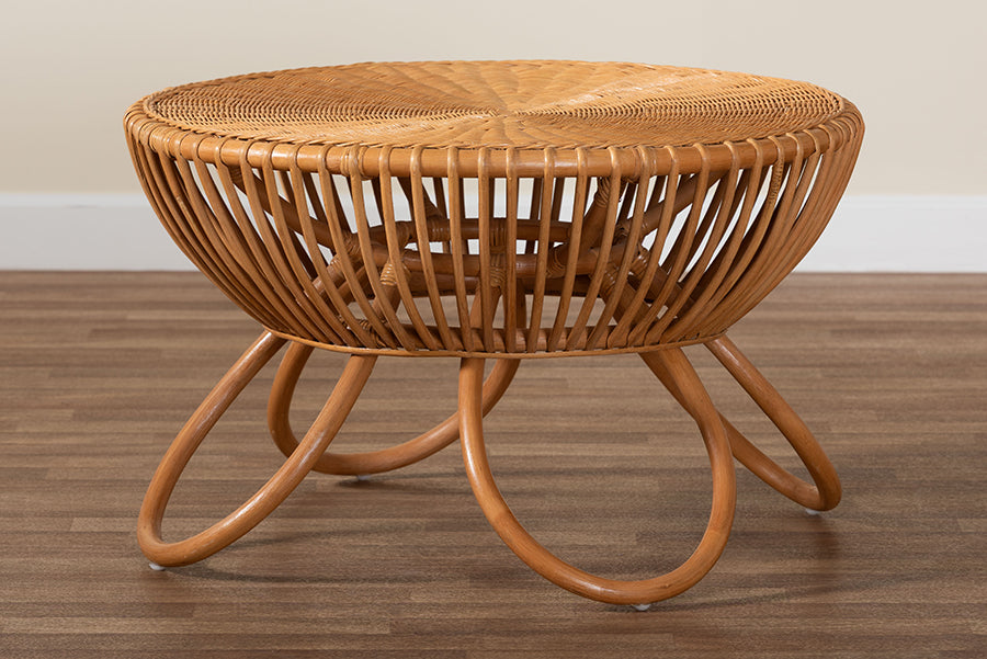 bali & pari Abel Natural Rattan Coffee Table with Splayed Legs - Handcrafted Boho Accent Table, Light Honey FredCo