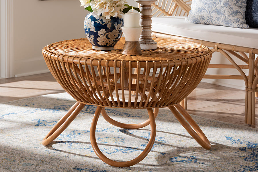 bali & pari Abel Natural Rattan Coffee Table with Splayed Legs - Handcrafted Boho Accent Table, Light Honey FredCo