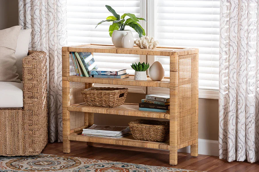 bali & pari Abelia Natural Rattan 4-Tier Display Shelf - Handwoven Boho Coastal Bookcase or Entryway Storage, Lightweight Wicker Accent Furniture FredCo