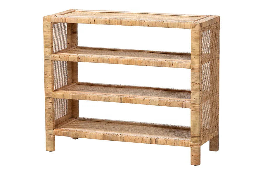 bali & pari Abelia Natural Rattan 4-Tier Display Shelf - Handwoven Boho Coastal Bookcase or Entryway Storage, Lightweight Wicker Accent Furniture FredCo