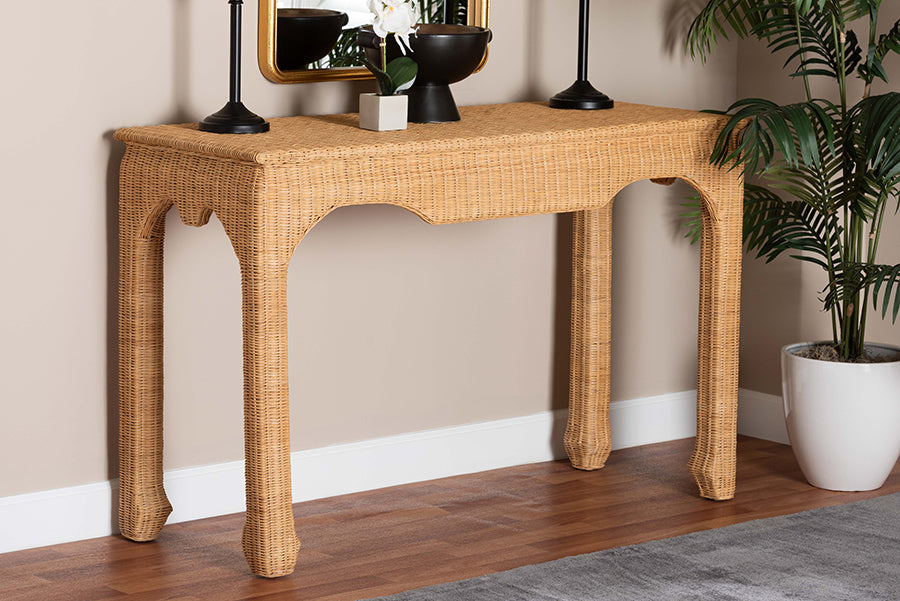 bali & pari Abena Handwoven Natural Rattan Console Table - Ming Style Wicker Accent Table or Sofa Table, Boho Coastal Style Furniture for Hallway, Living Room or Foyer FredCo
