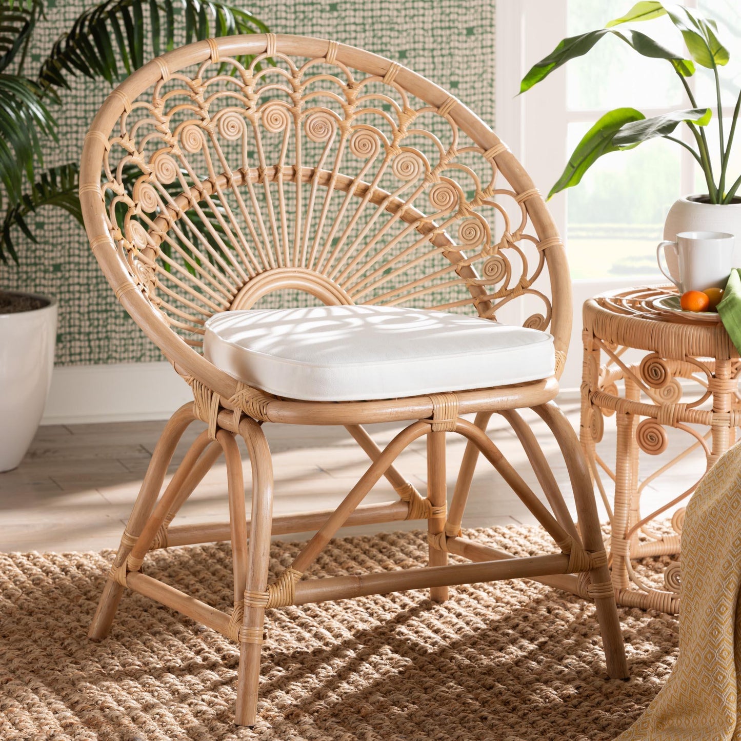 bali & pari Abriella Modern Bohemian Natural Brown Rattan Peacock Accent Chair FredCo