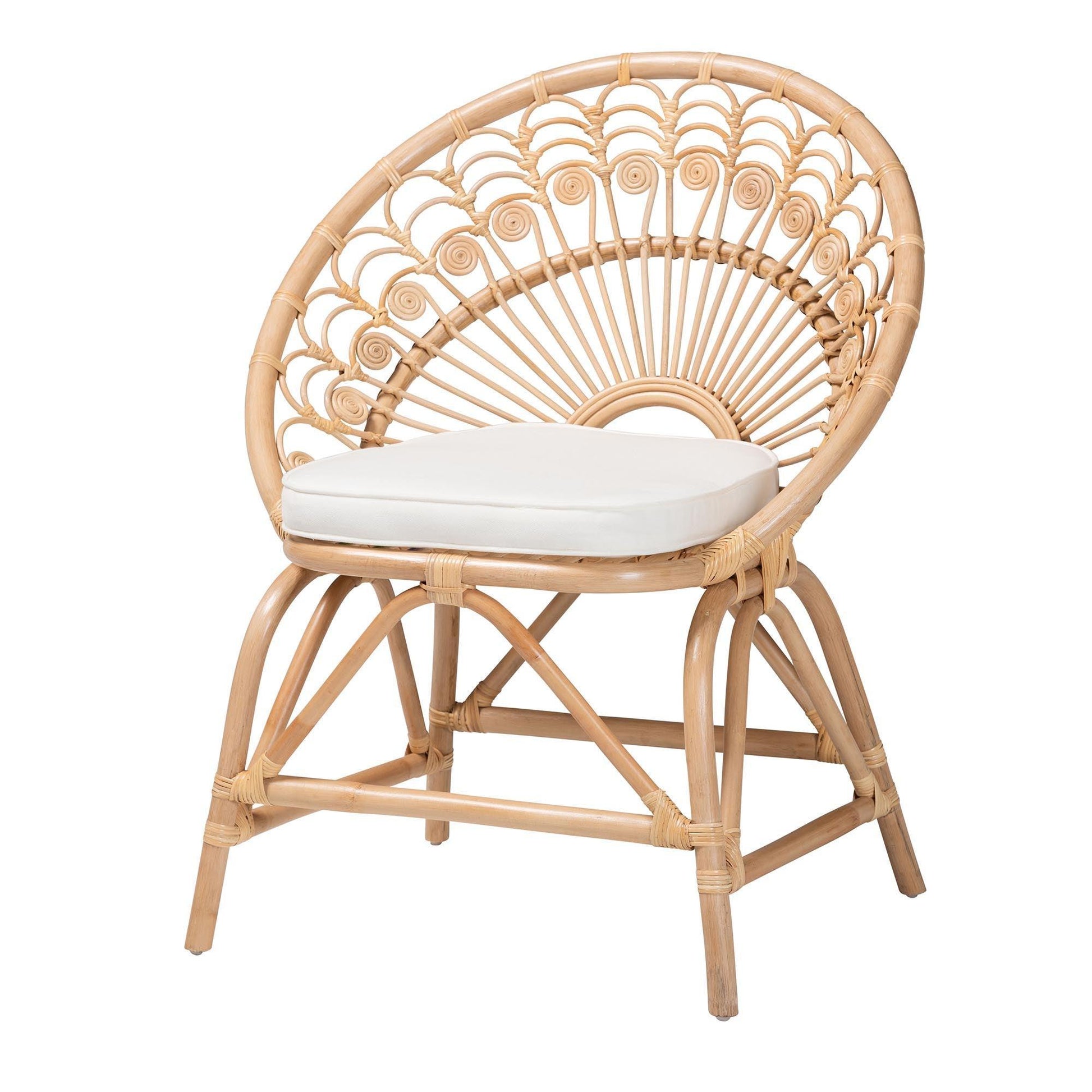 bali & pari Abriella Modern Bohemian Natural Brown Rattan Peacock Accent Chair FredCo