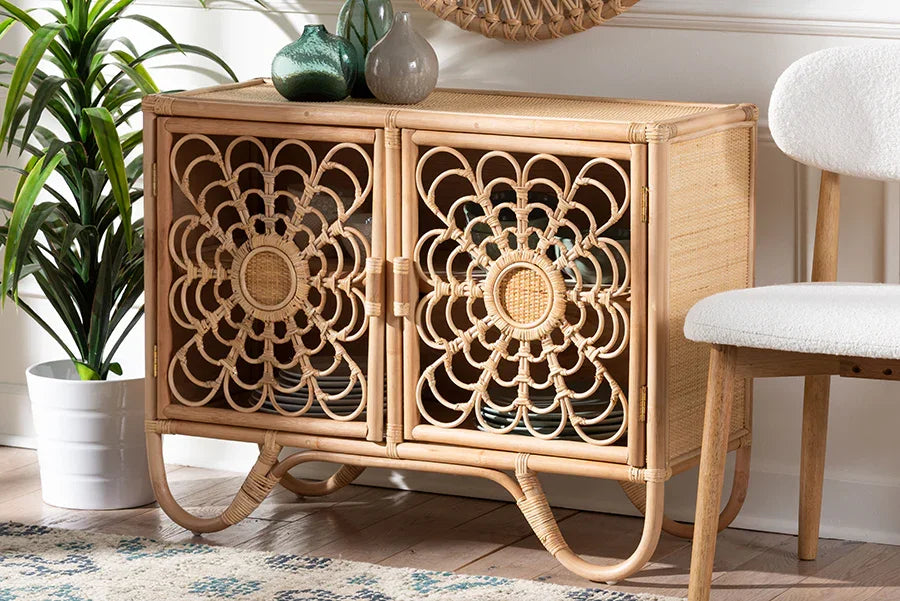 bali & pari Acelin Natural Rattan Storage Cabinet - Handcrafted Boho Accent Console with Floral Woven Doors, Natural Wicker Sideboard for Living Room or Entryway FredCo