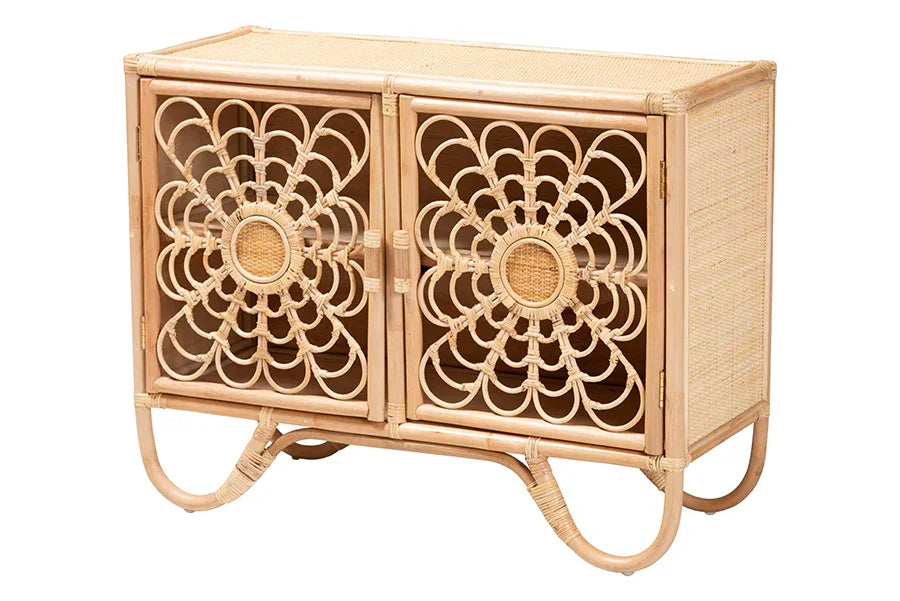 bali & pari Acelin Natural Rattan Storage Cabinet - Handcrafted Boho Accent Console with Floral Woven Doors, Natural Wicker Sideboard for Living Room or Entryway FredCo
