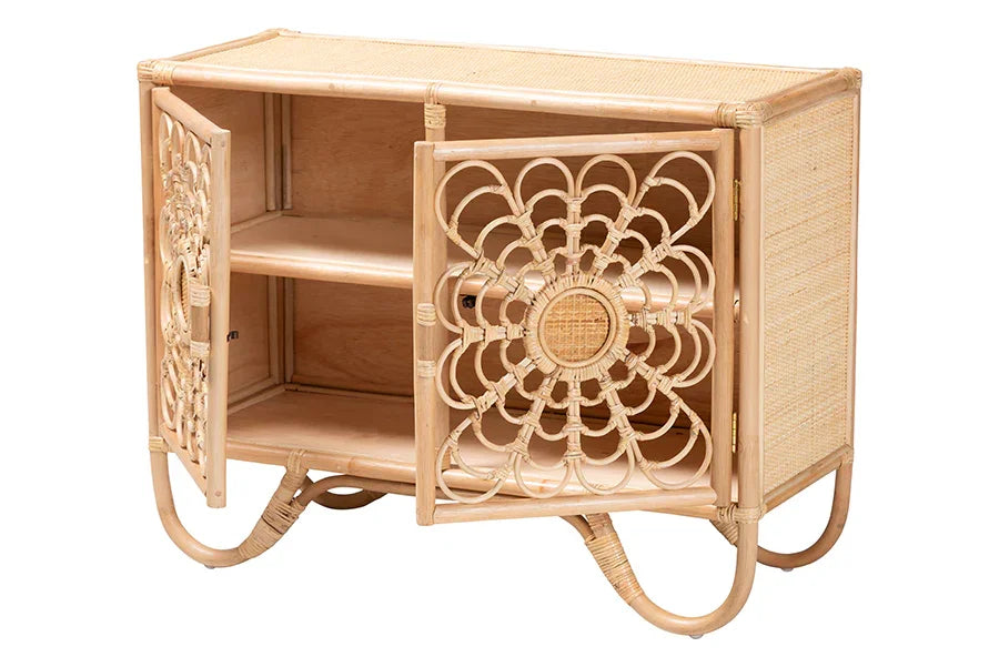 bali & pari Acelin Natural Rattan Storage Cabinet - Handcrafted Boho Accent Console with Floral Woven Doors, Natural Wicker Sideboard for Living Room or Entryway FredCo
