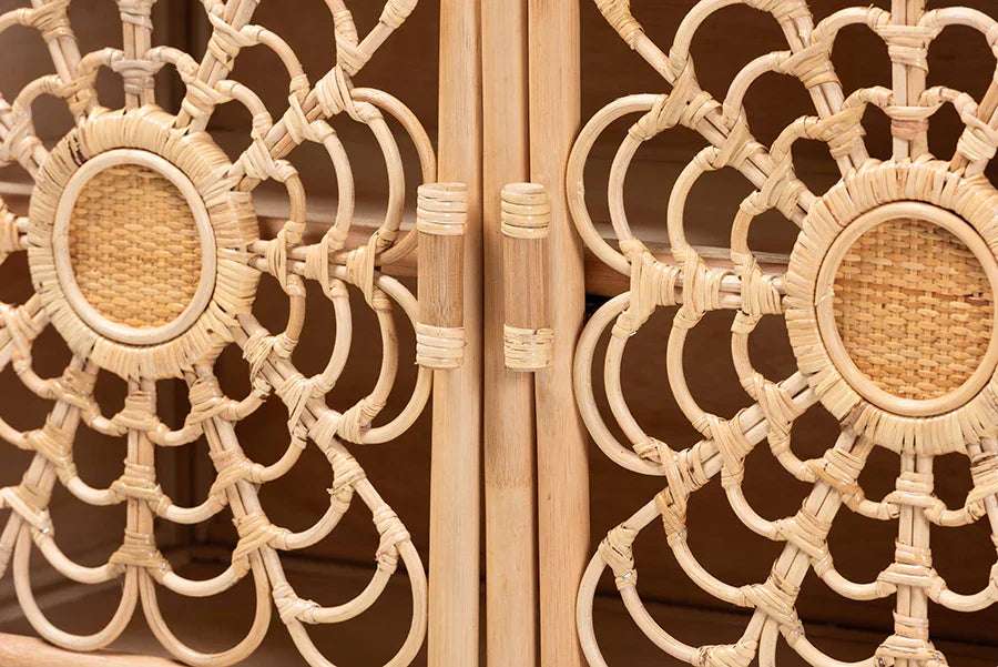 bali & pari Acelin Natural Rattan Storage Cabinet - Handcrafted Boho Accent Console with Floral Woven Doors, Natural Wicker Sideboard for Living Room or Entryway FredCo
