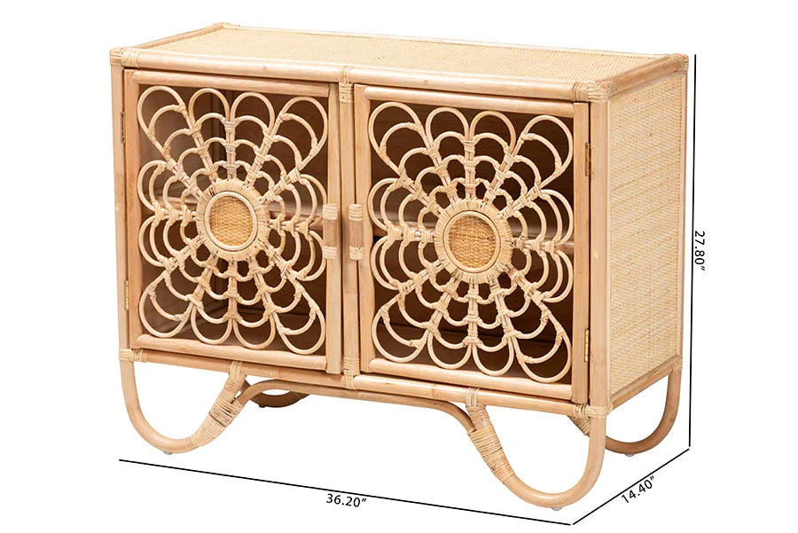 bali & pari Acelin Natural Rattan Storage Cabinet - Handcrafted Boho Accent Console with Floral Woven Doors, Natural Wicker Sideboard for Living Room or Entryway FredCo