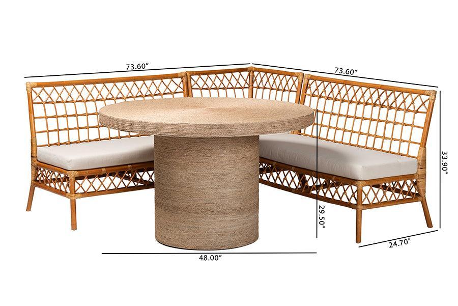 bali & pari Adalina Modern Bohemian Honey Rattan 4-Piece Dining Nook Set FredCo
