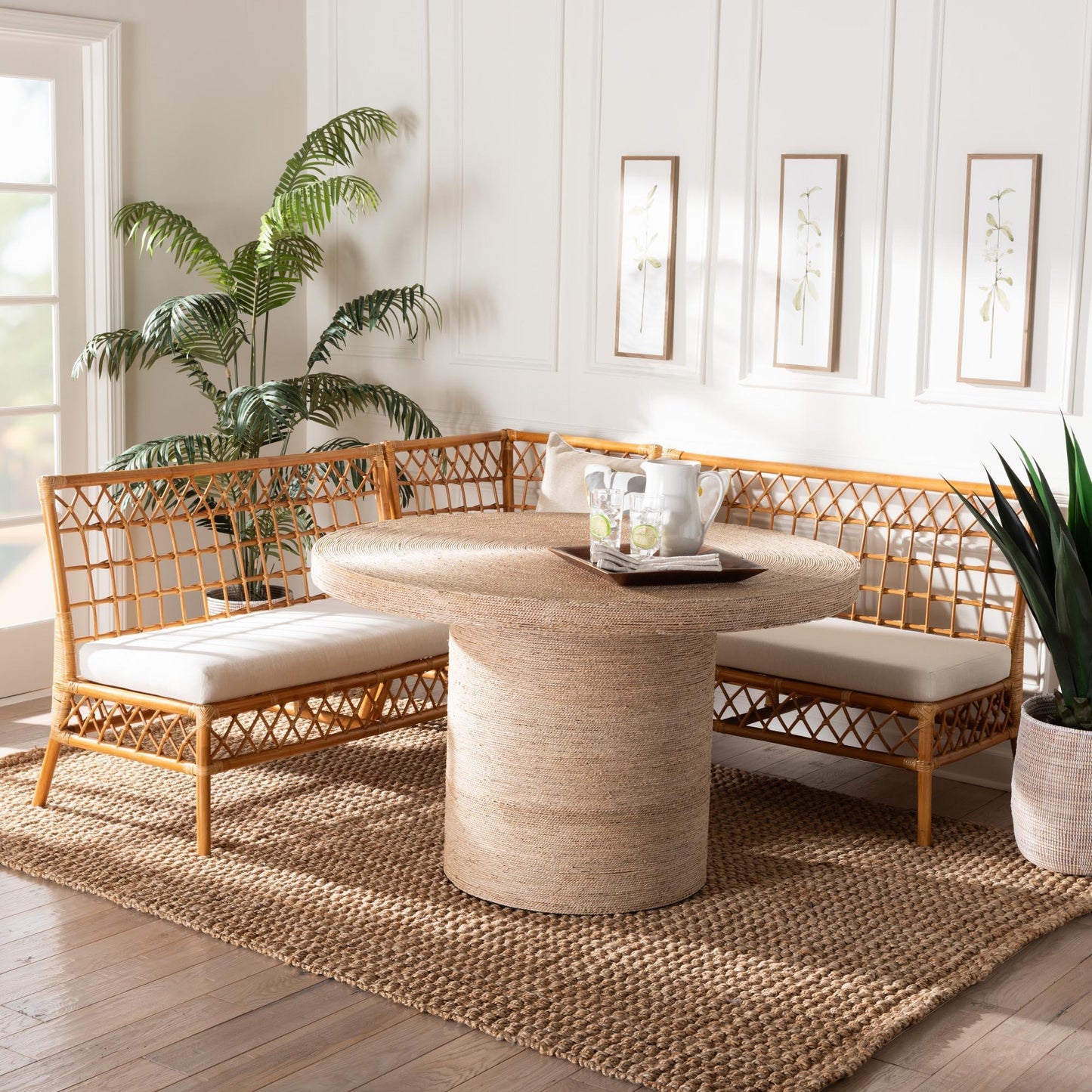 bali & pari Adalina Modern Bohemian Honey Rattan 4-Piece Dining Nook Set FredCo
