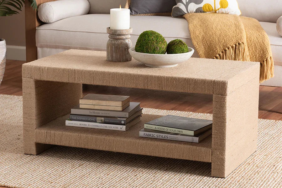 bali & pari Adaya Handwoven Jute Coffee Table - Rectangular Living Room Center Table with Open Shelf Storage, Handcrafted Boho Accent Furniture FredCo