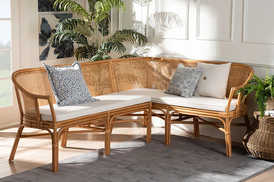 bali & pari Adede 2-Piece Natural Rattan Corner Bench Set - Handwoven Wicker L-Shaped Dining Nook Seating with Cushions, Boho Coastal Style Banquette for Kitchen, Dining or Sunroom FredCo