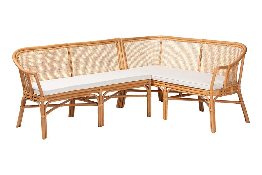 bali & pari Adede 2-Piece Natural Rattan Corner Bench Set - Handwoven Wicker L-Shaped Dining Nook Seating with Cushions, Boho Coastal Style Banquette for Kitchen, Dining or Sunroom FredCo