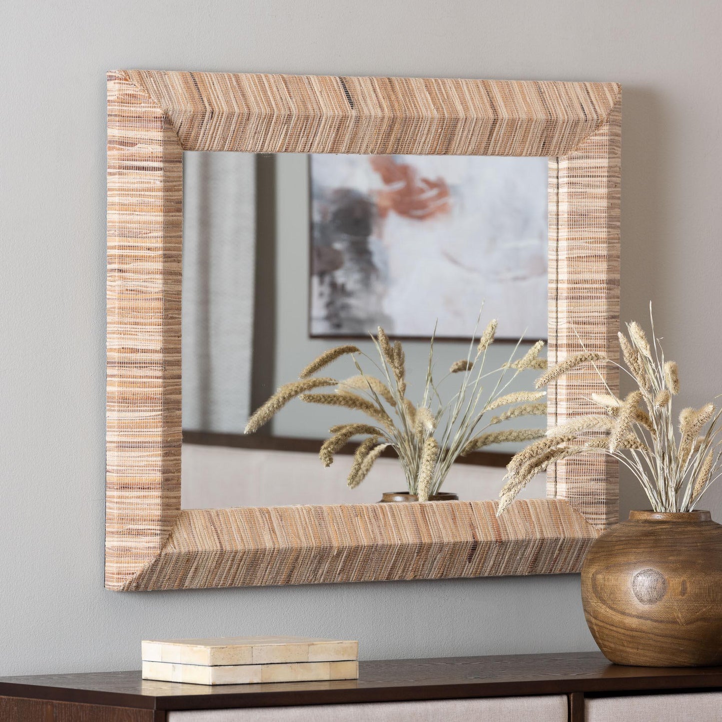 bali & pari Adino Bohemian Woven Natural Grasscloth Square Accent Mirror FredCo