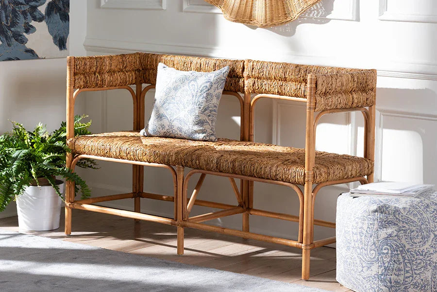 bali & pari Adisa Natural Rattan Bench - Handcrafted Banquette with Woven Seagrass Seat and Back, Coastal Boho Accent Seating for Entryway, Dining or Living Room FredCo